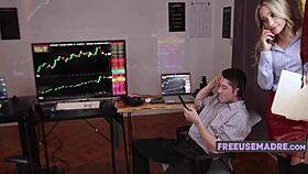 blonde milf bent over doggystyle in stockings during group phone sex shop threesome