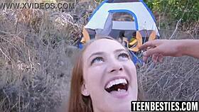Three teen 18+ campers force friend to show dick then ride it cowgirl doggystyle in woods