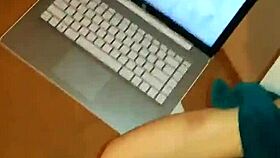 Tied up girlfriend sucks big cock while watching kinky videos