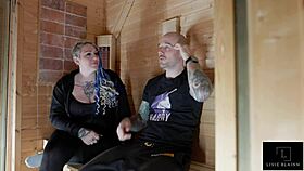 livie chats with alec hardy in the sauna before kinky group play unfolds