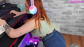 Stockinged Redhead Technician Demands Thick Cum Payment on Desk