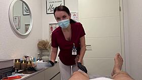 nurse shoves laser on balls while deepthroating throbbing cock