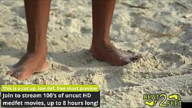 Giggles' petite feet get dirty sandy beach tease