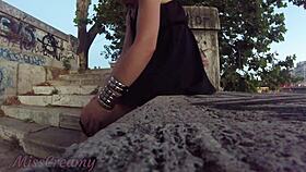 She flashes her pussy publicly in city center, masturbating risky near crowds