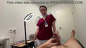 nurse shoves laser on balls while deepthroating throbbing cock