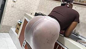 ebony latina mommy bends over kitchen sink for huge ass penetration