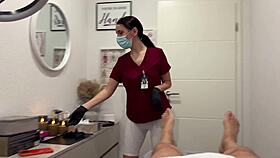 nurse shoves laser on balls while deepthroating throbbing cock