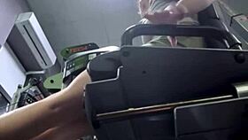 hey watch this horny gym beauty finger pussy and squirt on bench