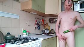 anal whore stuffs huge cucumber deep in slutty ass