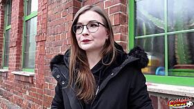 german scout picks up tiny glasses student emily for rough casting fuck