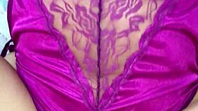 Intense purple satin lingerie thong pounding session
