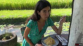 skinny teen walks public cafe with cum-covered face eating sperm pasta carbonara