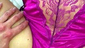 Intense purple satin lingerie thong pounding session