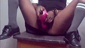 Hot skinny schoolgirl vibes pussy with toy as guy jerks huge load nearby