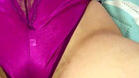 Intense purple satin lingerie thong pounding session