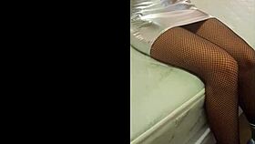 Silver black fishnet pantyhose shines with high heel ankle boots