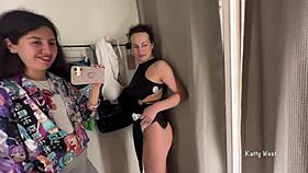 two HORNY LESBIANS kiss and play in the public locker room