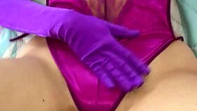 Intense purple satin lingerie thong pounding session