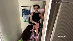 two HORNY LESBIANS kiss and play in the public locker room