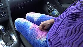 Horny woman gropes young guy's monster cock in car