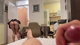 guy jerks big cock while hot shaved babe models outfits to make him cum