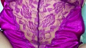 Intense purple satin lingerie thong pounding session