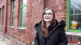 german scout picks up tiny glasses student emily for rough casting fuck