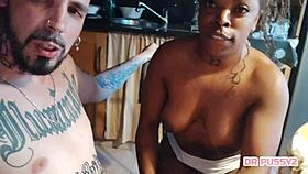 Ebony Tattoo Babe Delivers Deepthroat Handjob Cumshot Explosion