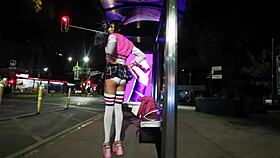 hot skinny latina tranny flashes her miniskirt tanga in public