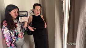 two HORNY LESBIANS kiss and play in the public locker room