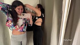 two HORNY LESBIANS kiss and play in the public locker room