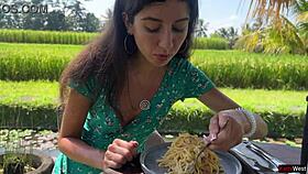 skinny teen walks public cafe with cum-covered face eating sperm pasta carbonara