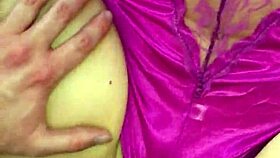 Intense purple satin lingerie thong pounding session