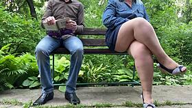 lustful chubby milf flashes pantyhose pussy on street