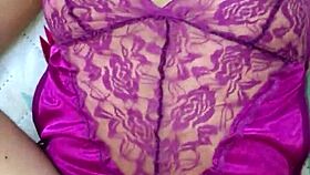 Intense purple satin lingerie thong pounding session