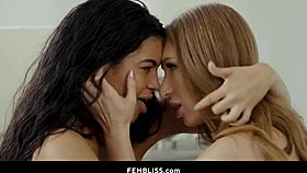 Skylar Snow and Maya Farrell scissor in interracial lesbian heat