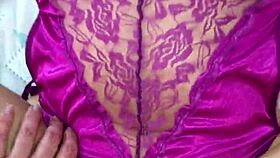 Intense purple satin lingerie thong pounding session