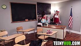 professor catches jill taylor and julia james skirts up then pounds both in class