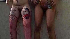 curvy brazilian girls flash tits and kiss passionately during photo shoot