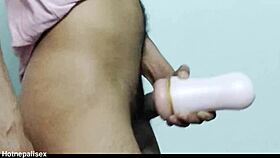 He grips the fleshlight tight, pounding it relentlessly in extreme jerking frenzy.