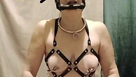 french milf slave bound in harness, craving outdoor doggystyle submission
