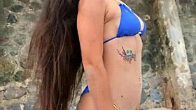 flashing my sexy bits in tiny blue bikini on crowded beach