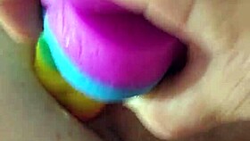Chubby Brunette Gapes Ass on Rainbow Dildo Deep