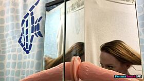 perverted russian blonde deep sucks huge dildo!