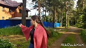 Evelina flashes tits publicly then sucks cock in risky zones