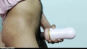 He grips the fleshlight tight, pounding it relentlessly in extreme jerking frenzy.