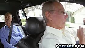 innocent teen's eager mouth captivates two grizzled old men