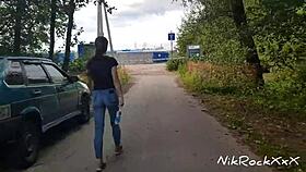 Evelina flashes tits publicly then sucks cock in risky zones