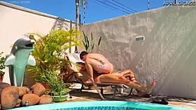 Brutal pool anal ass-to-mouth fuck ends with facial cum swallow