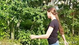 Evelina flashes tits publicly then sucks cock in risky zones